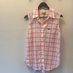 Columbia Plaid Sleeveless Button-Up Shirt - White with Coral and Light Blue